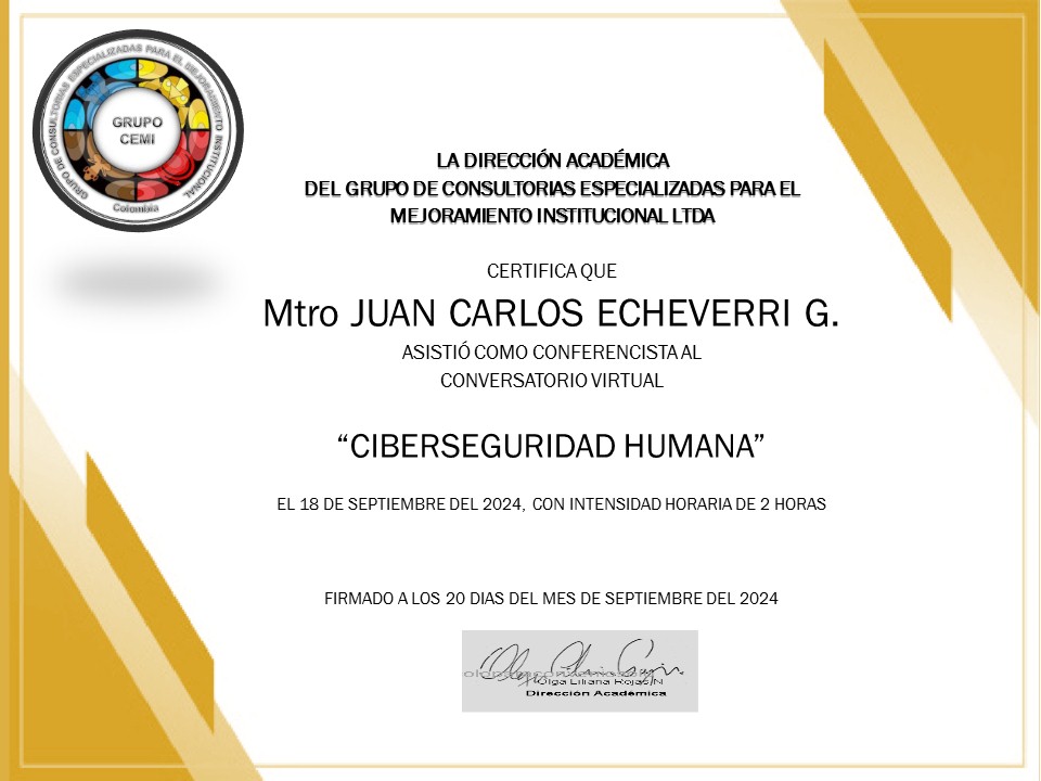 Certificado de participación como conferencista en Ciberseguridad Humana, Grupo CEMI, septiembre de 2024