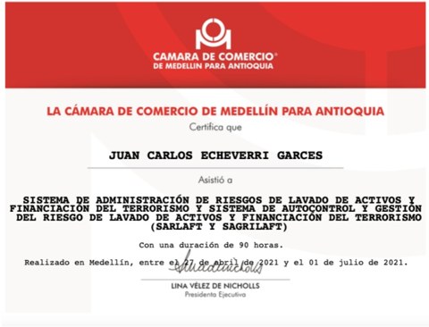 SARLAFT y SAGRILAFT — Certificación de asistencia — Juan Carlos Echeverri Garcés