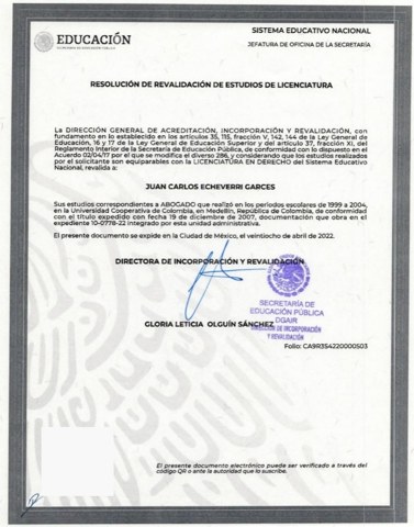 Revalidación de estudios de Licenciatura en Derecho — Juan Carlos Echeverri Garcés