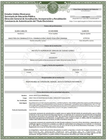 Maestría en Criminalística, Criminología e Investigación Criminal — Constancia de autenticación del título — Juan Carlos Echeverri Garcés
